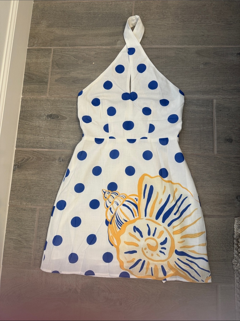 Commense White Halter Mini Dress with Blue Polka Dots and Yellow Shell
